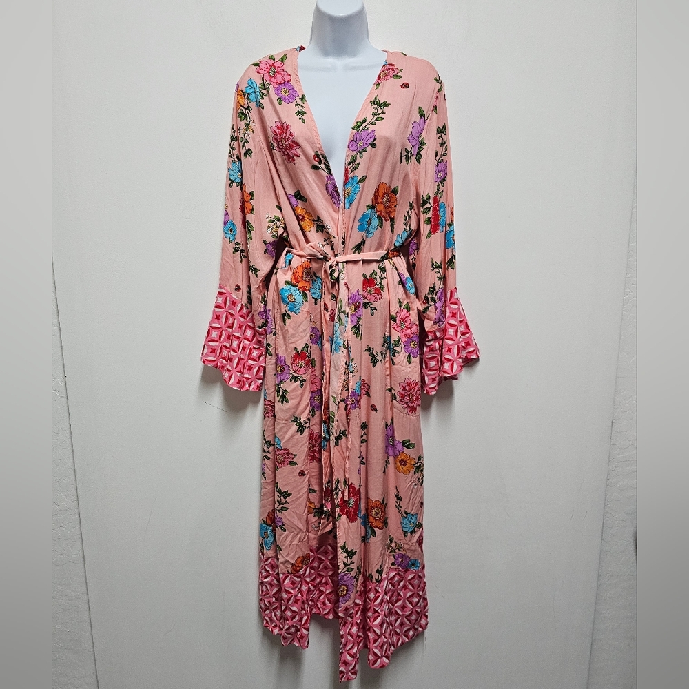 Beauty Sleep Social Floral Kimono Robe Pink Belted Long Sleeve Loungewear M
